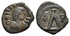JUSTINIAN I (527-565). 4 Nummi. Thessalonica.

Obv: D N IVSTINIANVS P P AVG.
Diademed, draped and cuirassed bust right.
Rev: Large Δ; A - P across fie...