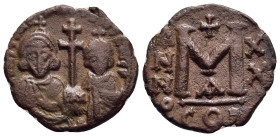 JUSTINIAN II with TIBERIUS (Second reign, 705-711). Follis. Constantinople. Dated RY 20 (704/5).

Obv: Crowned and draped facing busts of Justinian ...
