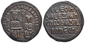 LEO VI with ALEXANDER (886-912). Follis. Constantinople.

Obv: + LЄOҺ S ALЄΞAҺδROS.
Crowned figures of Leo and Alexander seated facing on double thron...