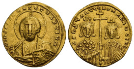 CONSTANTINE VII PORPHYROGENITUS with ROMANUS II (913-959). GOLD Solidus. Constantinople.

Obv: + IҺS XPS RЄX RЄGNANTIЧM.
Facing bust of Christ Pant...