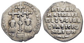 MICHAEL VII DUCAS with MARIA (1071-1078). Miliaresion. Constantinople.

Obv: ЄN TOVTω NIKATЄ MIXAHΛ KAI MAPIA.
Cross crosslet with central X and pelle...