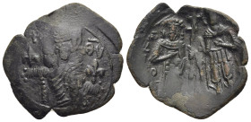 EMPIRE OF NICAEA. John III Ducas-Vatazes (1222-1254). Ae Trachy.

Obv: The Virgin Mary seated facing on throne; lis to left and right.
Rev: John and S...