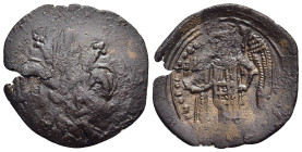 ANDRONICUS II PALAEOLOGUS (1282-1328). Trachy. Constantinople.

Obv: Large fleur de lis.
Rev: Andronicus, winged, standing facing, holding long cross....