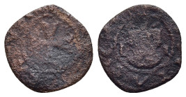 CRUSADER STATES. Lordship of Chios. Maona Society. Podesta L-I (1496). Billon Denaro Tornese.

Obv: Cross fourchée. 
Rev: Crowned eagle over three cre...