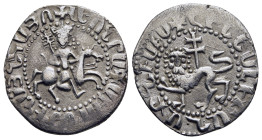 CILICIAN ARMENIA. Royal. Levon II (1270-1289). Tram.

Obv: Levon on horseback right, holding patriarchal cross; star to left.
Rev: Lion standing left;...