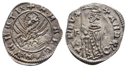 ITALY. Venice. Andrea Contarini (1367-1382). Soldino.

Obv: +ANDR'Q TAR' DVX
Doge kneeling left, holding banner; to right D.
Rev. +•S• MARCVS• VENETI
...