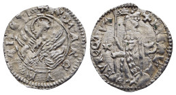 ITALY. Venice. Michele Morosini (1382). Soldino.

Obv: +MICHL• M-A VROC DVX
Doge kneeling left, holding banner; to right P, to left, star.
Rev: +•S• M...