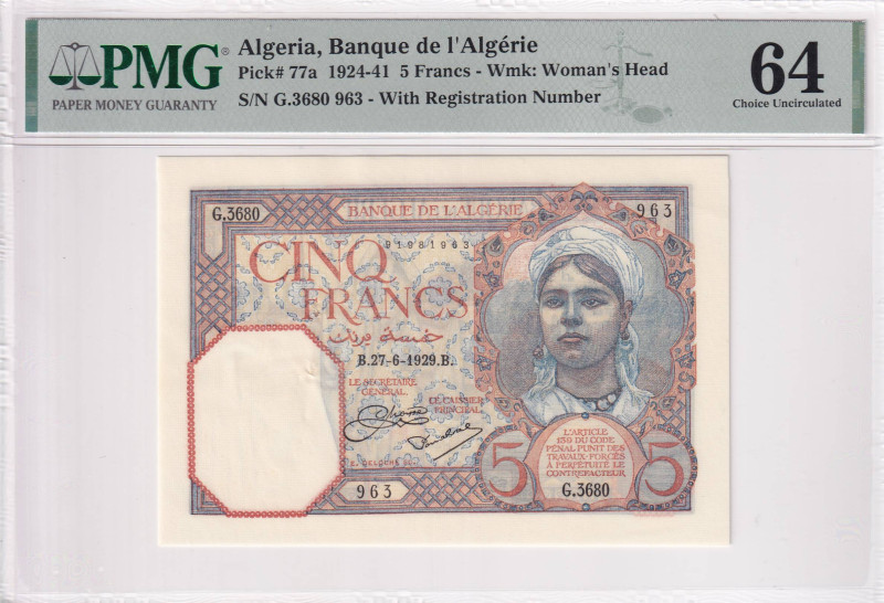 Algeria, 5 Francs, 1924/1941, UNC, p77a

PMG 64

Estimate: USD 100-200