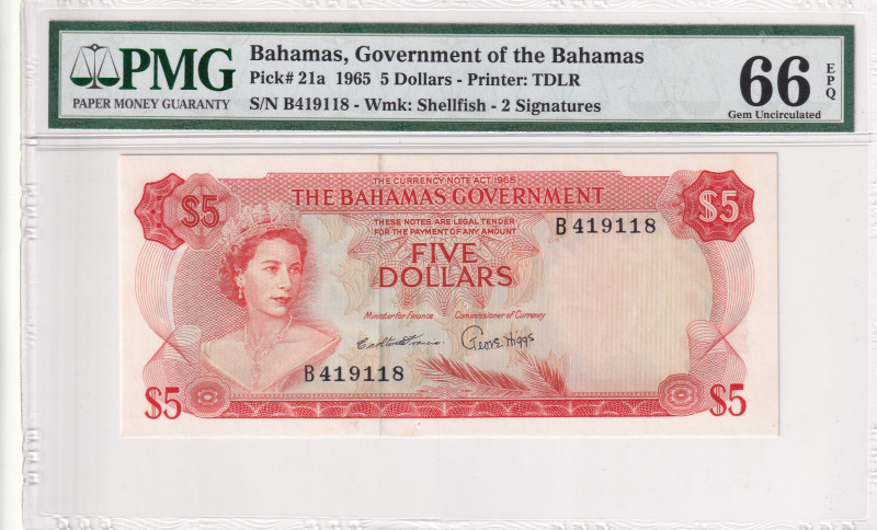 Bahamas, 5 Dollars, 1965, UNC, p21a

PMG 66 EPQ, Queen Elizabeth II. Potrait
...