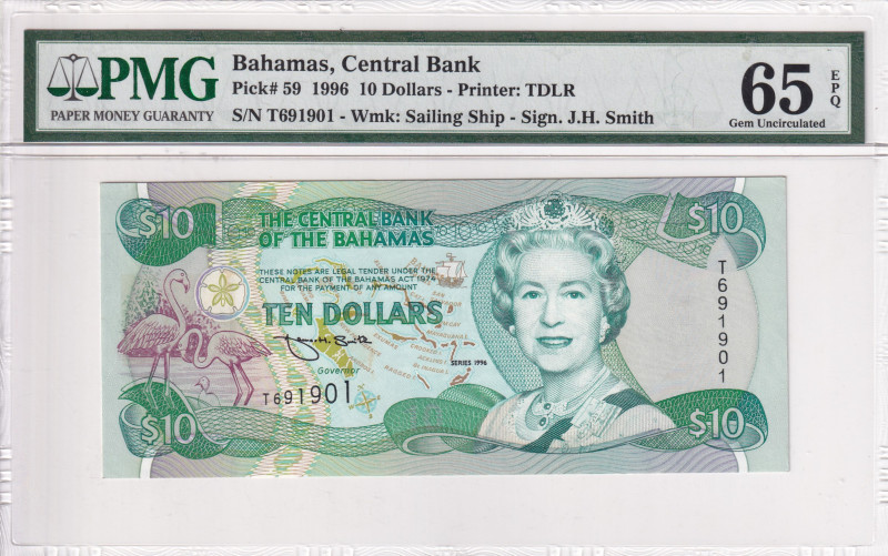 Bahamas, 10 Dollars, 1996, UNC, p59

PMG 65 EPQ, Queen Elizabeth II. Potrait
...