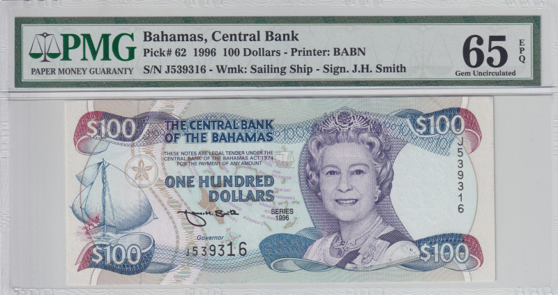 Bahamas, 100 Dollars, 1996, UNC, p62

PMG 65 EPQ, Queen Elizabeth II. Potrait...