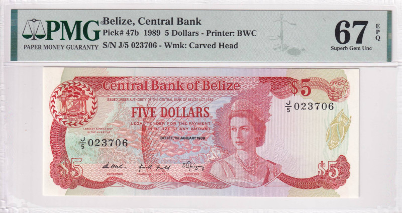 Belize, 5 Dollars, 1989, UNC, p47b

PMG 67, High condition, Queen Elizabeth II...