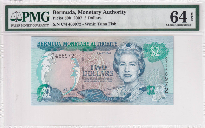 Bermuda, 2 Dollars, 2007, UNC, p50b

PMG 64 EPQ, Very Rare, Queen Elizabeth II...