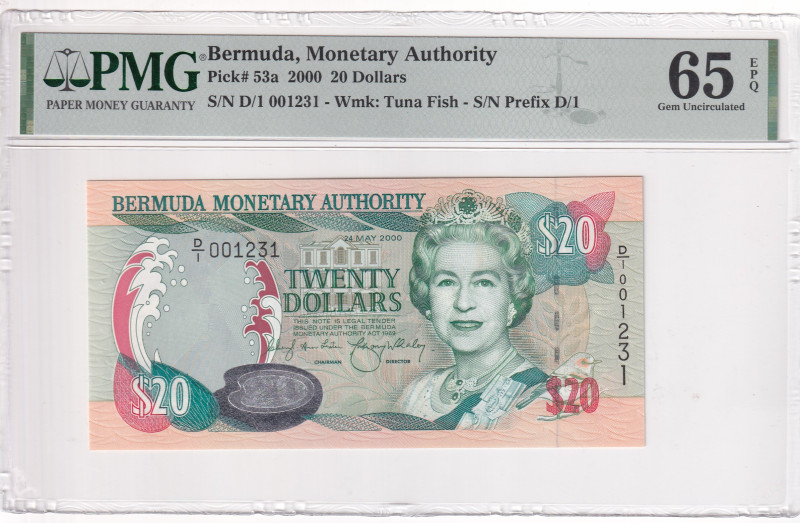 Bermuda, 20 Dollars, 2000, UNC, p53a

PMG 65 EPQ, Queen Elizabeth II. Potrait...