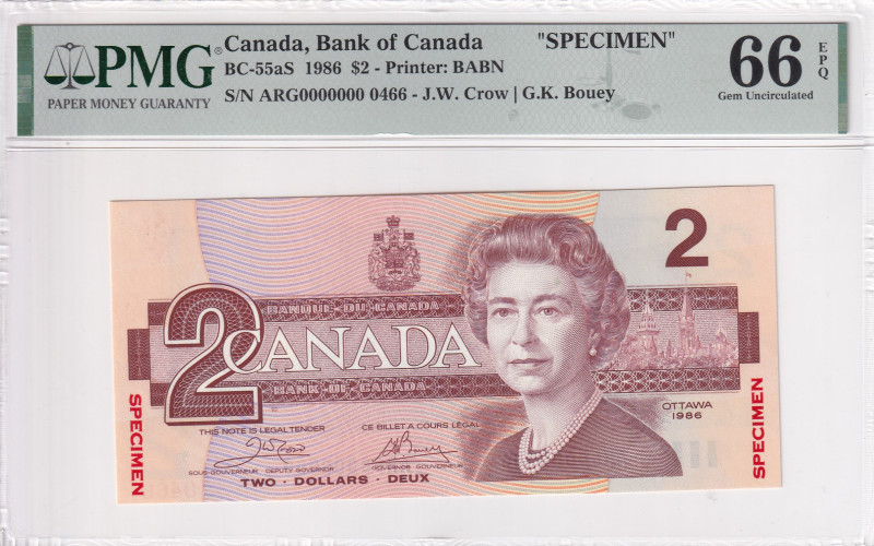 Canada, 2 Dollars, 1986, UNC, p94as, SPECIMEN

PMG 66 EPQ, Queen Elizabeth II....