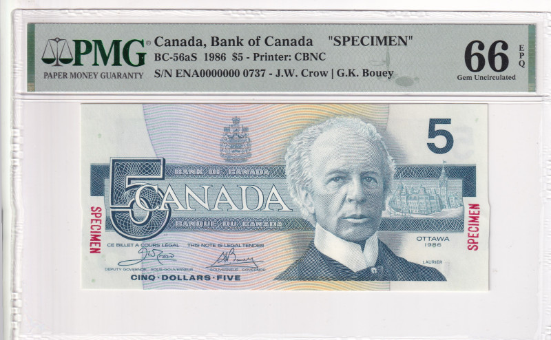 Canada, 5 Dollars, 1986, UNC, p95a, SPECIMEN

PMG 66 EPQ

Estimate: USD 300-...