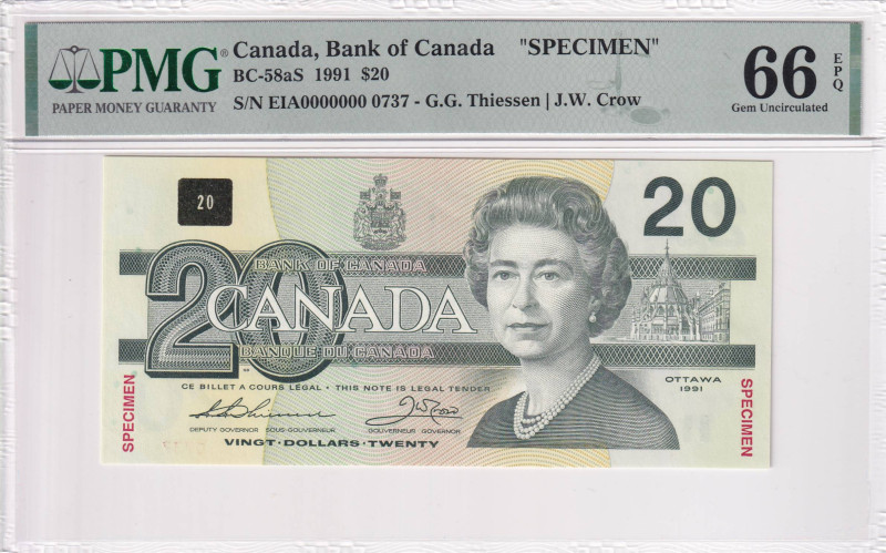 Canada, 20 Dollars, 1991, UNC, p97a, SPECIMEN

PMG 66 EPQ, Queen Elizabeth II....