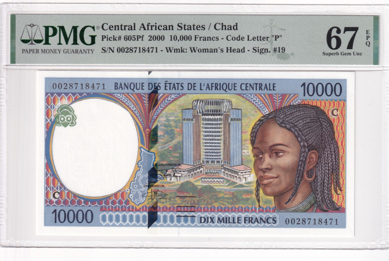 Central African States, 10.000 Francs, 2000, UNC, p605pf

PMG 67 EPQ, "P'' Cha...