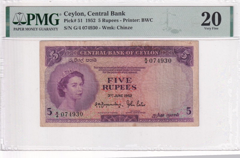 Ceylon, 5 Rupees, 1952, VF, p51

PMG 20, Portrait of Queen Elizabeth II

Est...
