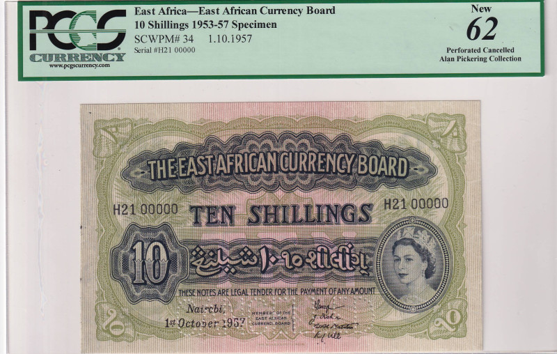 East Africa, 10 Shillings, 1953-57, UNC, p34s, SPECIMEN

PCGS 62, Queen Elizab...