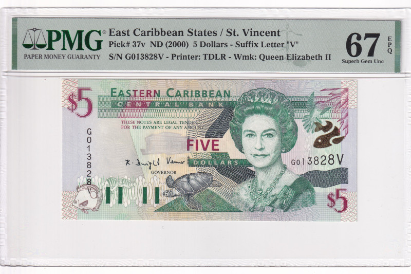 East Caribbean States, 5 Dollars, 2000, UNC, p37v, St. Vincent

PMG 67 EPQ, Hi...