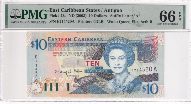 East Caribbean States, 10 Dollars, 2003, UNC, p43a, Antigua

PMG 66 EPQ, Queen...