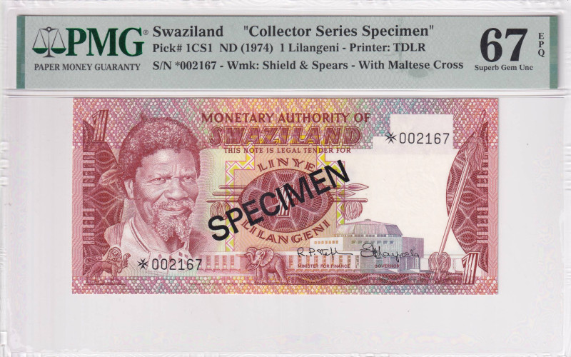 Eswatini(Swaziland), 1 Lilangeni, 1974, UNC, p1CS1, SPECIMEN

PMG 67 EPQ, High...