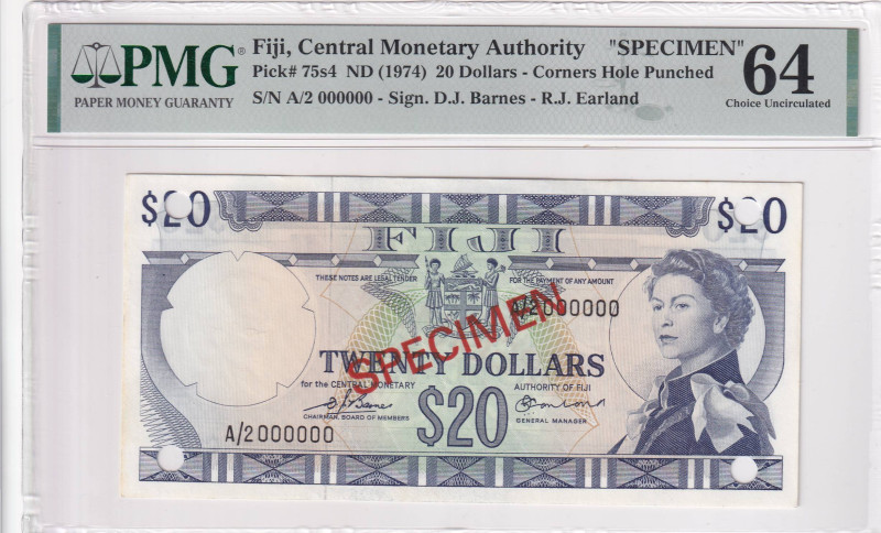Fiji, 20 Dollars, 1974, UNC, p75s4, SPECIMEN

PMG 64, Queen Elizabeth II Portr...