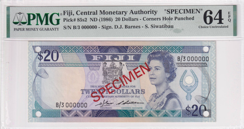 Fiji, 20 Dollars, 1986, UNC, p85s2, SPECIMEN

PMG 64 EPQ, Queen Elizabeth II P...