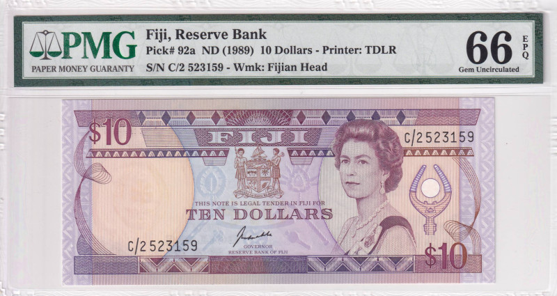 Fiji, 10 Dollars, 1989, UNC, p92a

PMG 66 EPQ, Queen Elizabeth II. Potrait

...