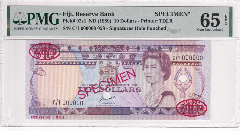 Fiji, 10 Dollars, 1989, UNC, p92s1, SPECIMEN

PMG 65 EPQ, Queen Elizabeth II. ...