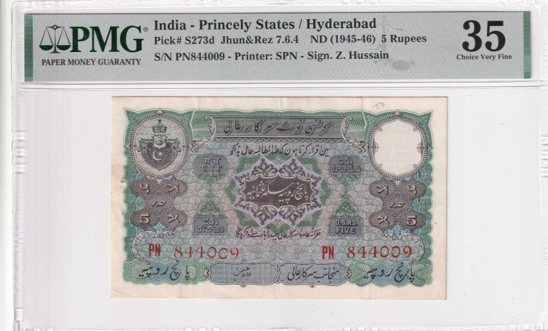 India, 5 Rupees, 1945-46, VF, pS273d

PMG 35, Hyderabad

Estimate: USD 500-1...