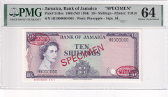 Jamaica, 10 Shilings, 1964, UNC, p51Bes, SPECIMEN