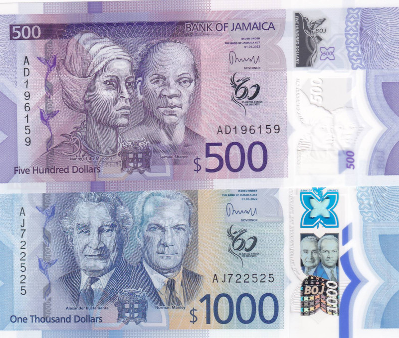 Jamaica, 500-1.000 Dollars, 2022, UNC, p98;p99, (Total 2 banknotes)

Commemora...