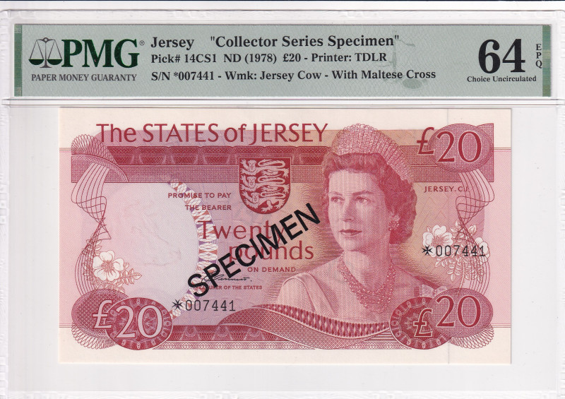Jersey, 20 Pounds, 1978, UNC, p14CS1, SPECIMEN

PMG 64 EPQ, Queen Elizabeth II...
