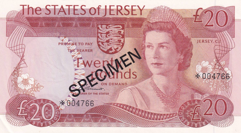 Jersey, 20 Pounds, 1978, UNC, p14s, SPECIMEN

Queen Elizabeth II Portrait

E...