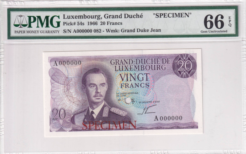 Luxembourg, 20 Francs, 1966, UNC, p54s, SPECIMEN

PMG 66 EPQ

Estimate: USD ...