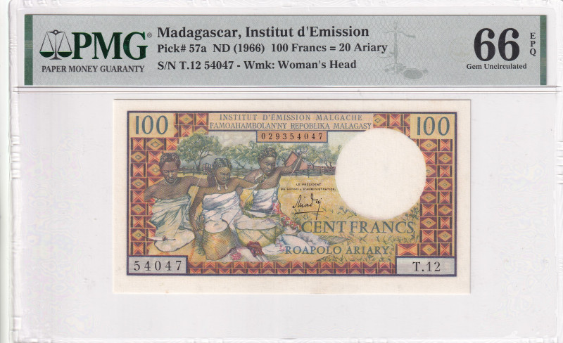 Madagascar, 100 Francs, 1966, UNC, p57a

PMG 66 EPQ

Estimate: USD 75-150