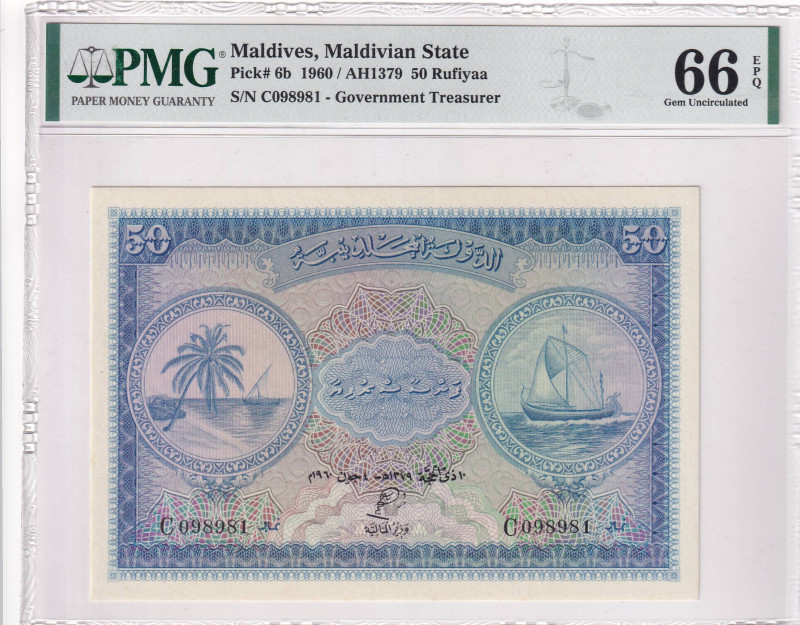 Maldives, 50 Rufiyaa, 1960, UNC, p6b

PMG 66 EPQ

Estimate: USD 500-1.000