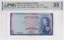 Malta, 5 Pounds, 1961, AUNC, p27a