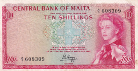 Malta, 10 Shillings, 1967, XF, p28a