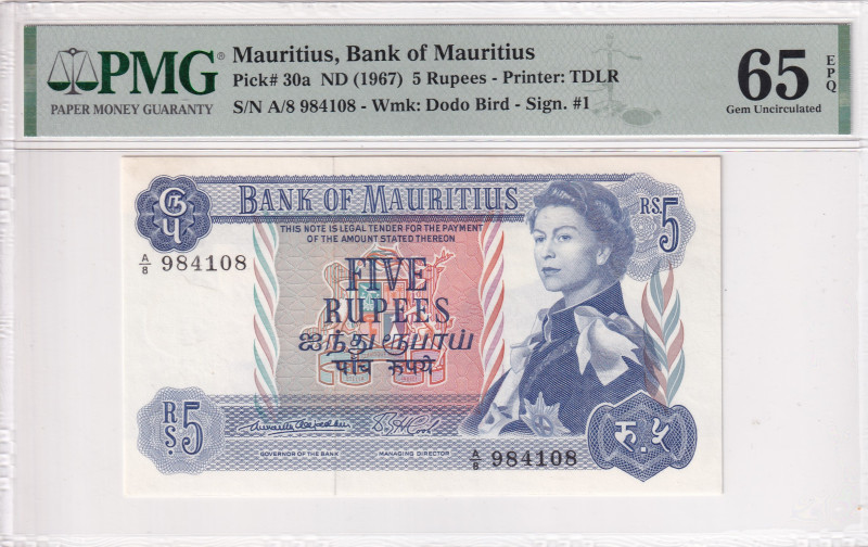 Mauritius, 5 Rupees, 1967, UNC, p30a

PMG 65 EPQ, Queen Elizabeth II. Potrait...