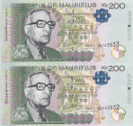 Mauritius, 200 Rupees, 2022, UNC, p61, (Total 2 consecutive banknotes)