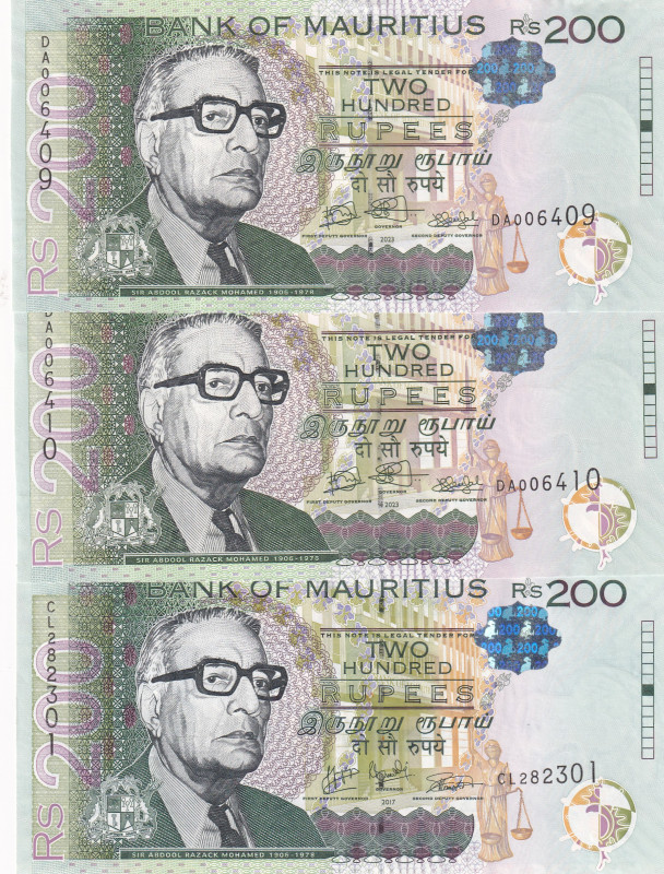 Mauritius, 200 Rupees, 2023, p61, (Total 3 banknotes)

UNC(2); AUNC(1)

Esti...