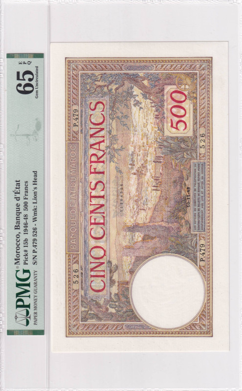 Morocco, 500 Francs, 1946/1948, UNC, p15bs

PMG 65 EPQ

Estimate: USD 500-1....