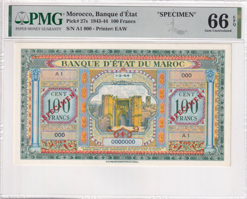 Morocco, 100 Francs, 1943/1944, UNC, p27s, SPECIMEN

PMG 66 EPQ

Estimate: U...