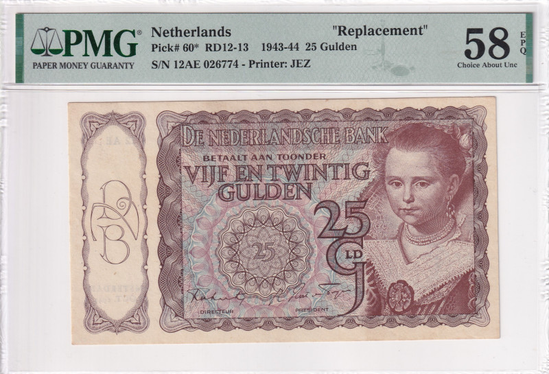 Netherlands, 25 Gulden, 1943-44, AUNC(+), p60a*, REPLACEMENT

PMG 58 EPQ, Very...
