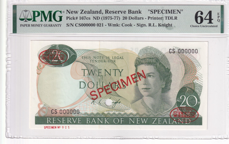 New Zealand, 20 Dollars, 1975/1977, UNC, p167cs, SPECIMEN

PMG 64 EPQ, Queen E...