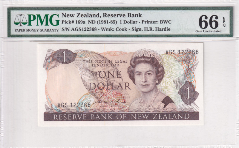 New Zealand, 1 Dollar, 1981/1985, UNC, p169a

PMG 66 EPQ, Queen Elizabeth II. ...