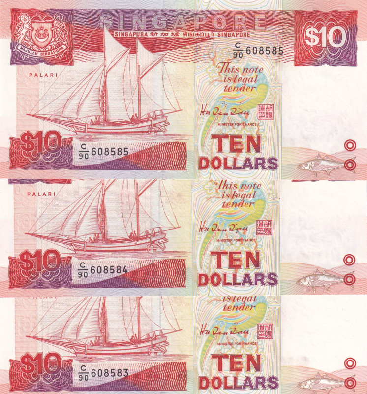 Singapore, 10 Dollars, 1988, UNC, p20, (Total 3 consecutive banknotes)

Estima...